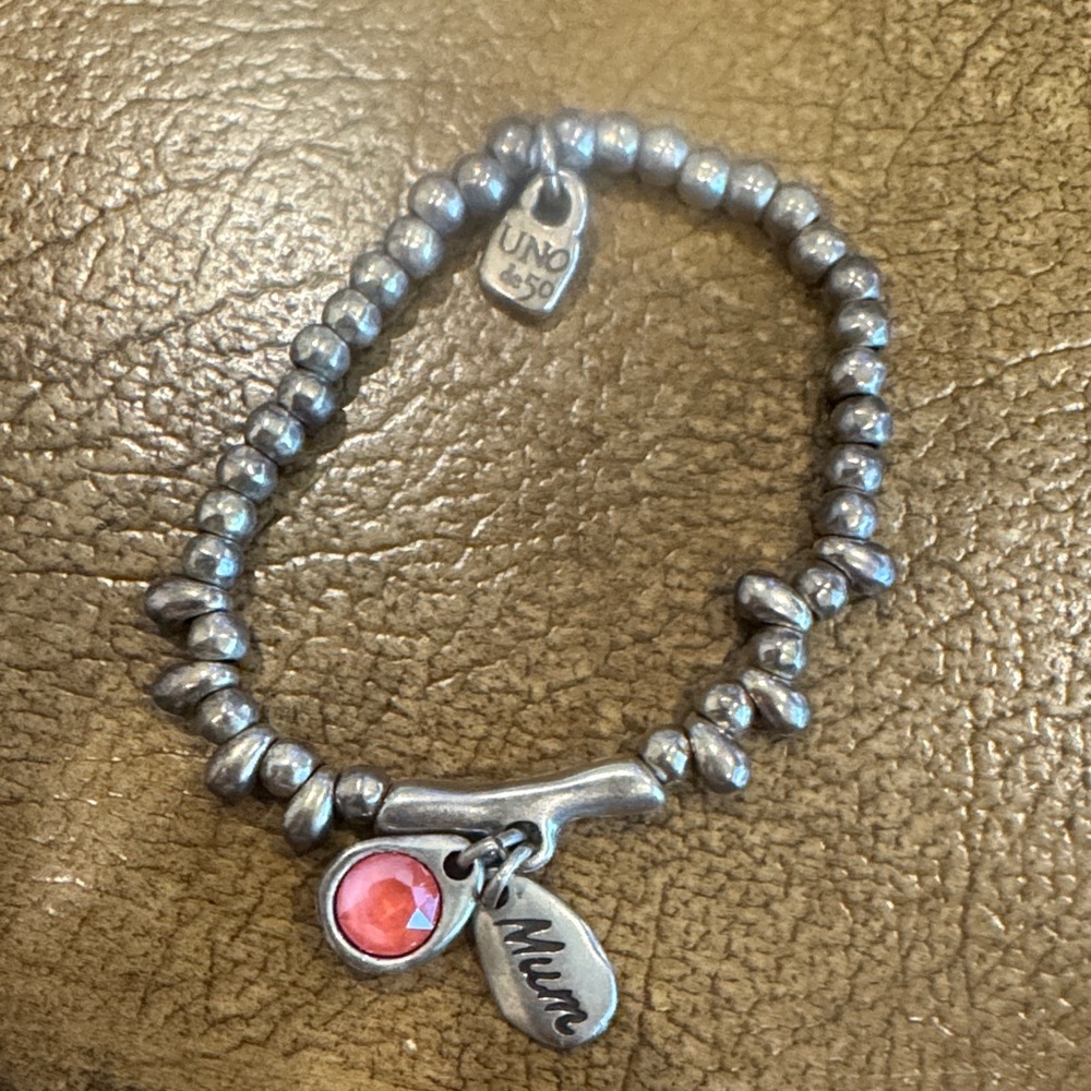 Uno De 50 Mum Mom Mother Pink Crystal Silver Plated Bead Stretch Bracelet